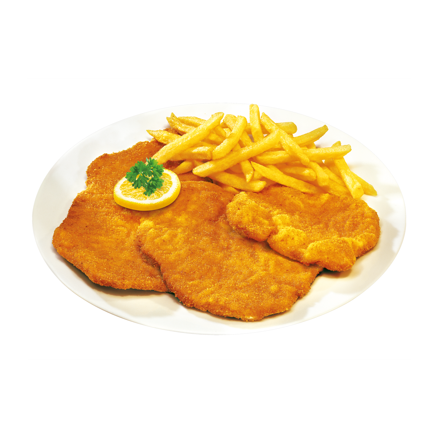 Breaded Schnitzel with French Fries and Lemon on Oval Plate PNG Food Image