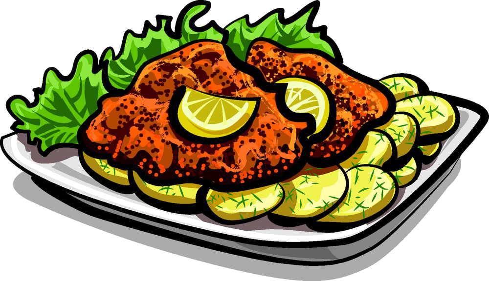 Cartoon Breaded Meat Schnitzel Plate with Lemon and Greens PNG Illustration
