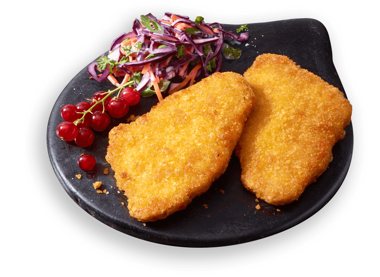 Crispy Breaded Chicken Cutlets on Dark Plate with Purple Slaw PNG