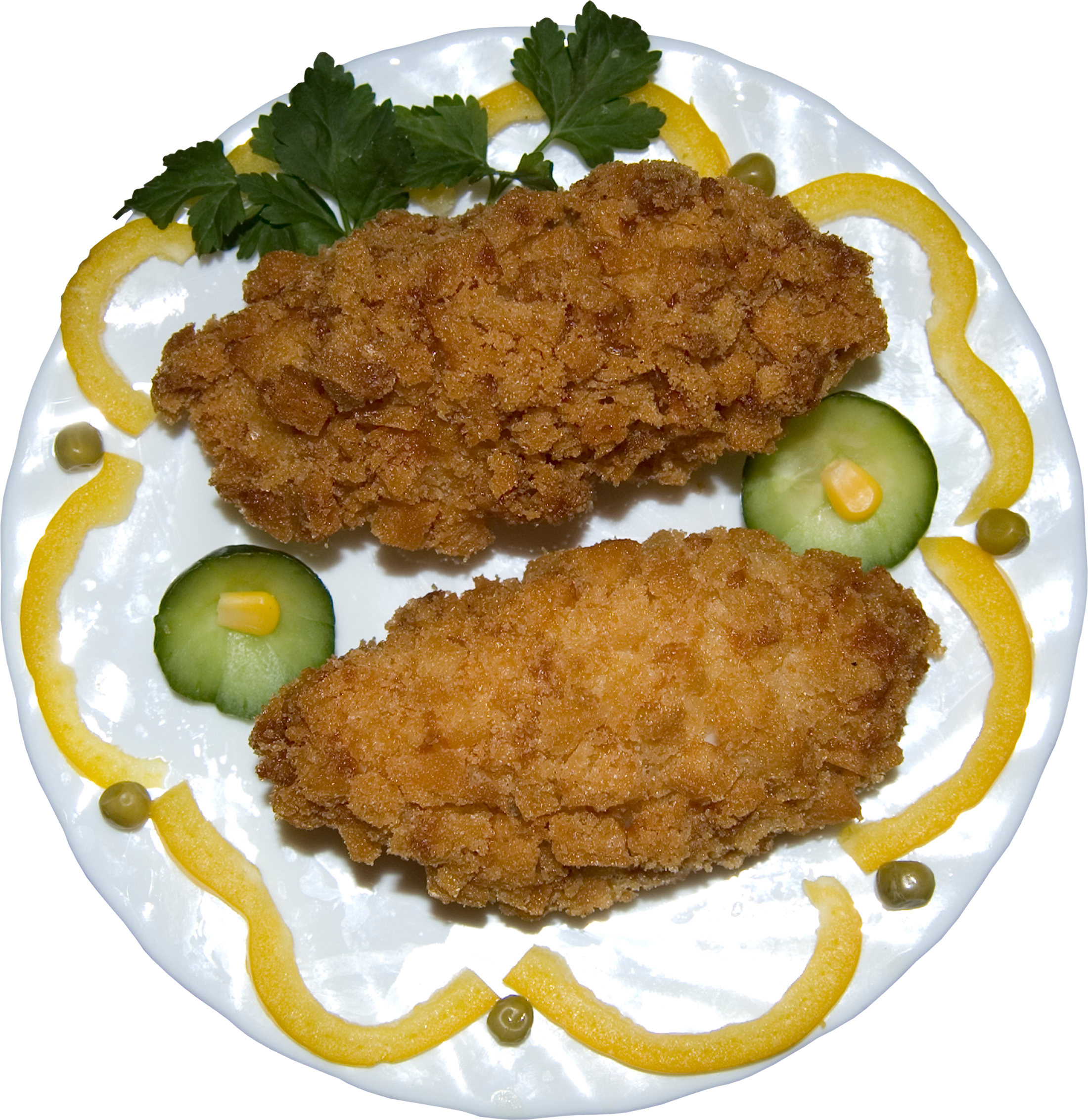 Golden Breaded Meat Schnitzel Medallions with Pickles and Potatoes PNG