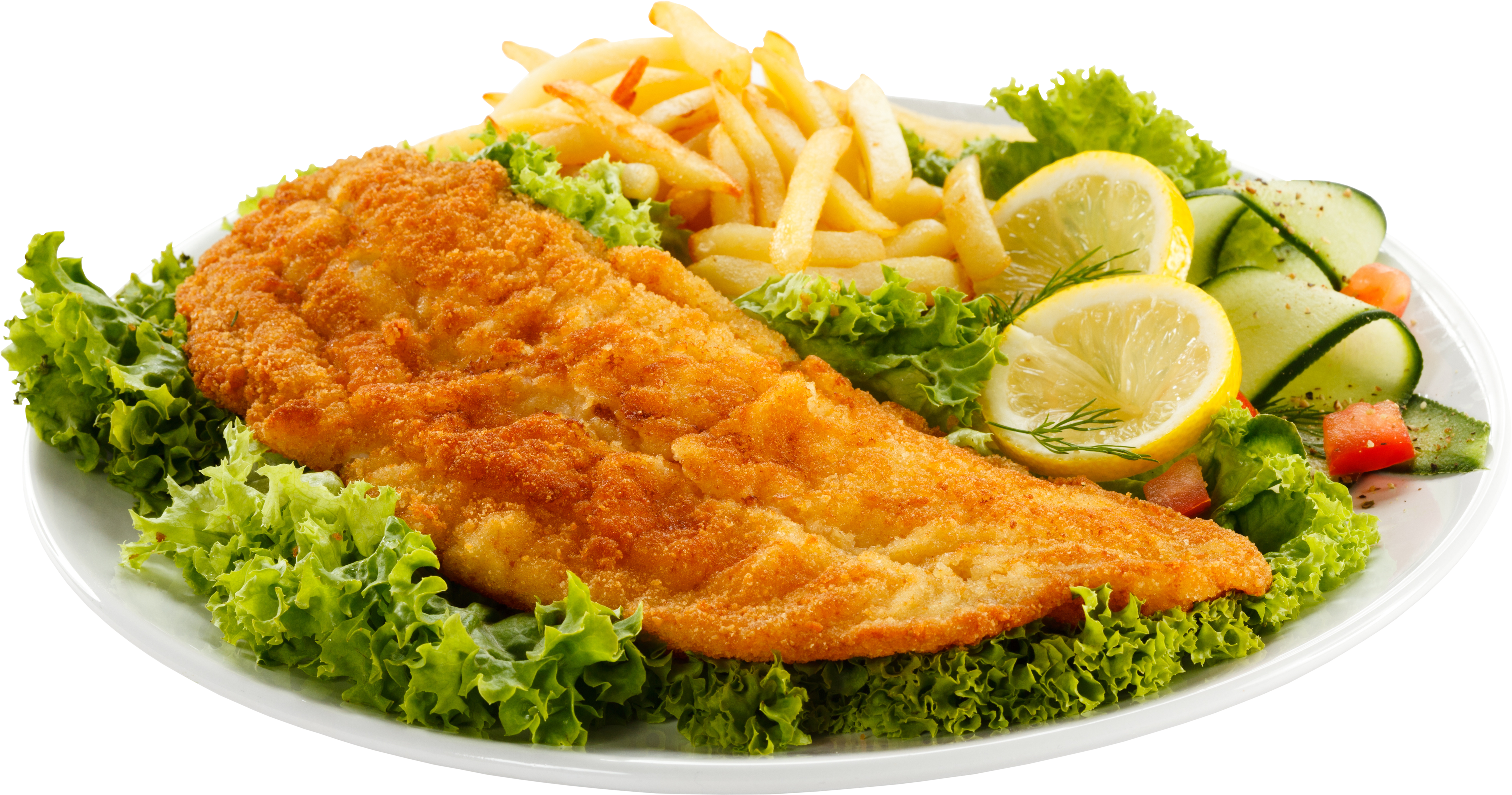 Golden Chicken Schnitzel with French Fries Lemon and Green Salad PNG Image