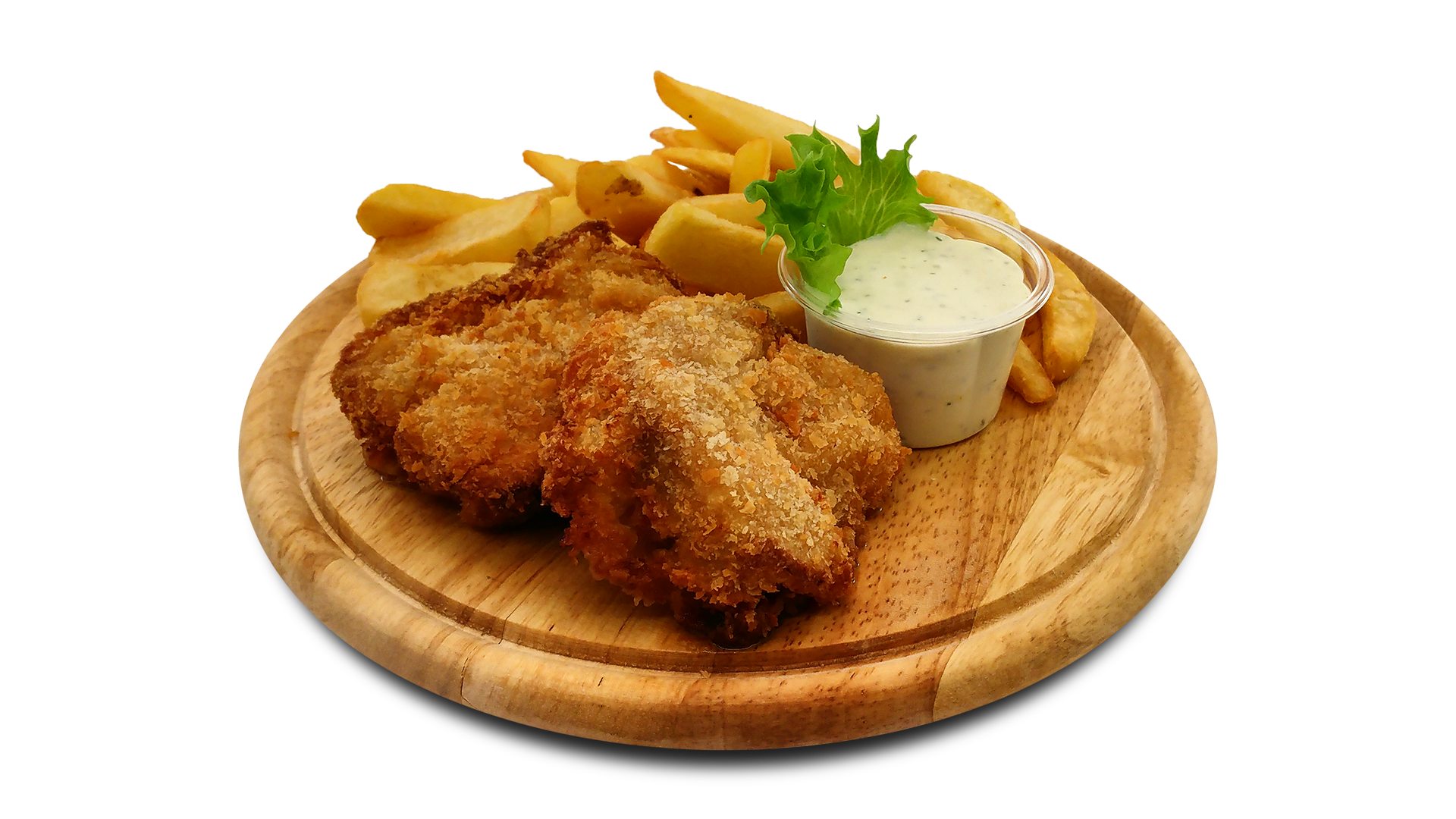 Meat Schnitzel Cutlets with Potato Salad on Rustic Wooden Plate PNG Image