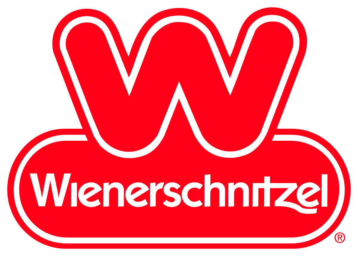 Red Wiener Schnitzel Restaurant Wordmark Logo with White Outline PNG