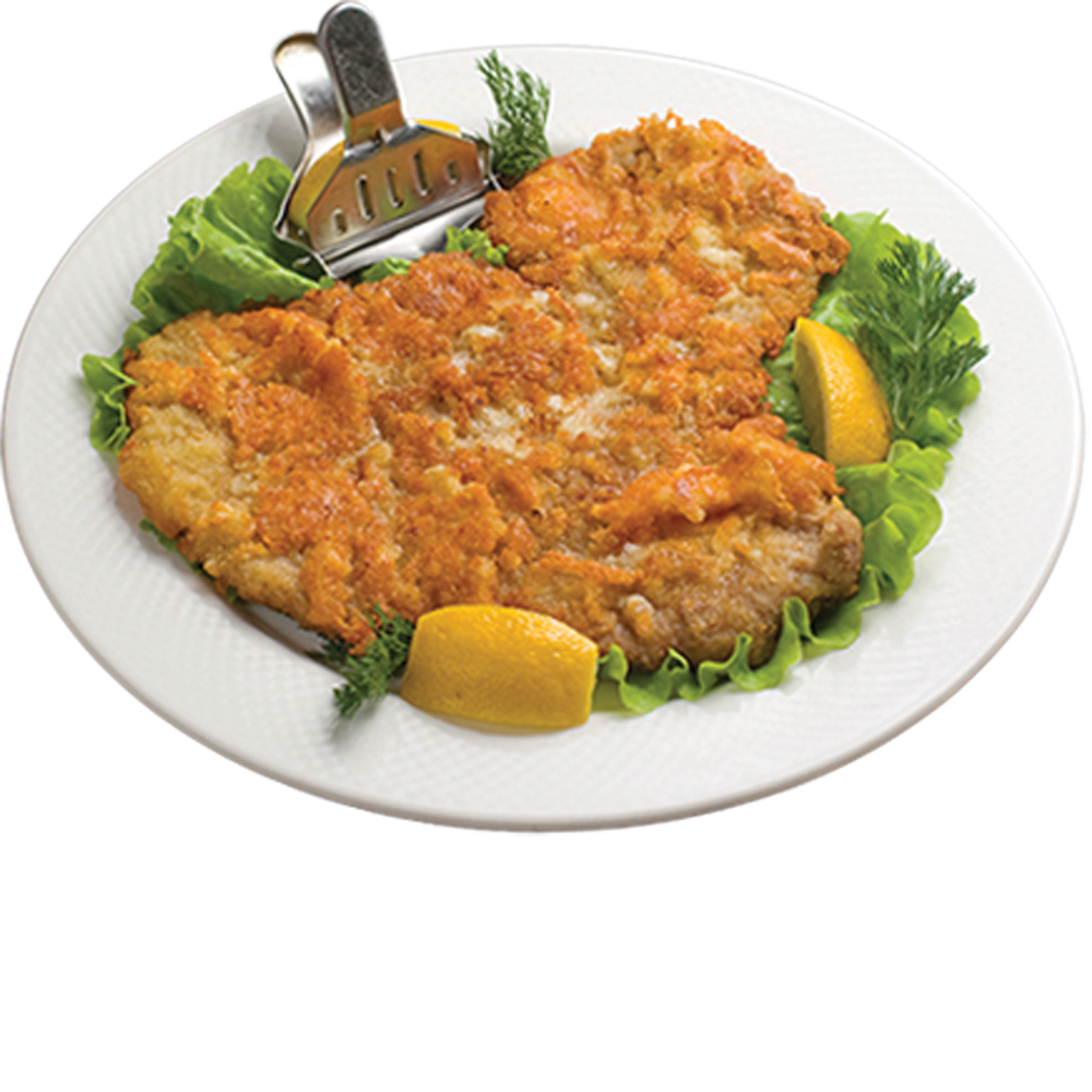 Schnitzel Plate with Roasted Potatoes Lemon and Fresh Herb Sprig PNG