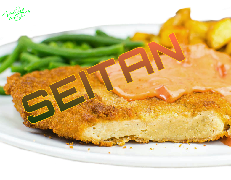 Seitan Vegetarian Schnitzel with Greens and Vegetable Side PNG Image