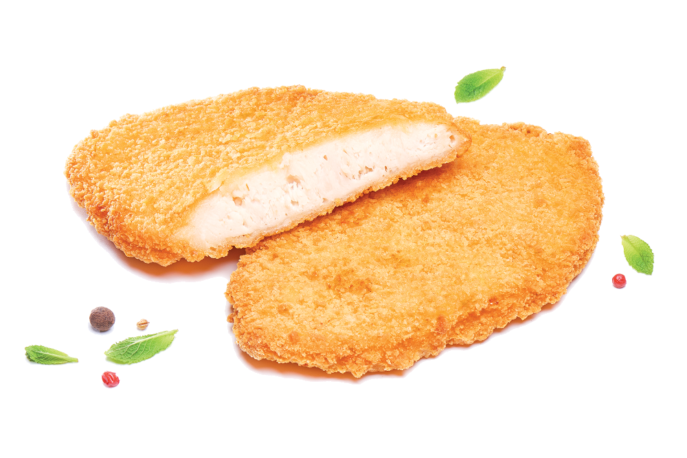 Two Breaded Meat Cutlets Sliced Open to Show Tender Center PNG Image