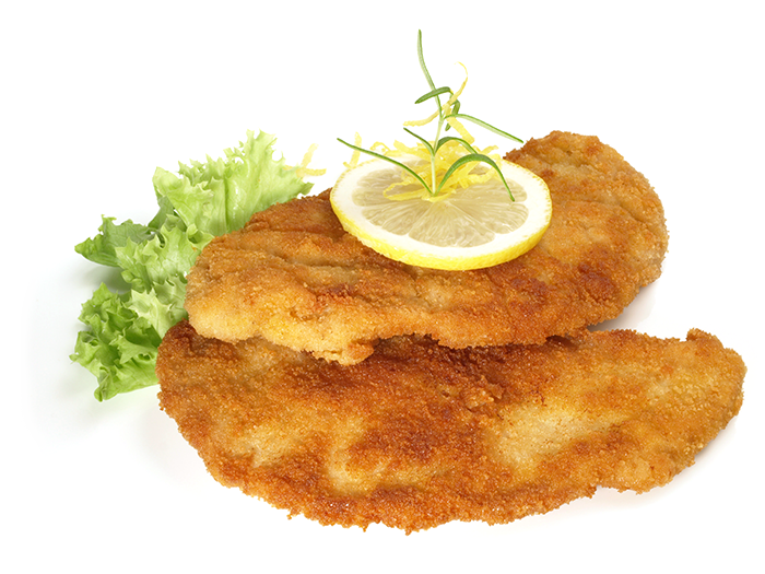 Two Crispy Breaded Meat Schnitzels with Lemon and Fresh Parsley PNG