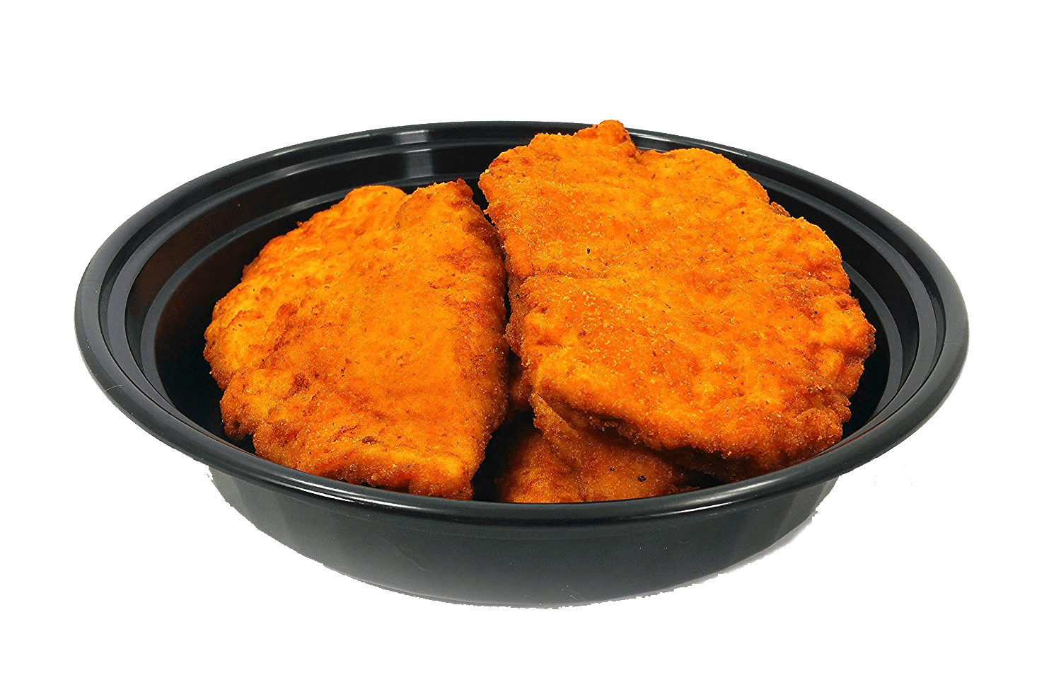 Two Crispy Chicken Schnitzels in Black Bowl PNG Food Photograph