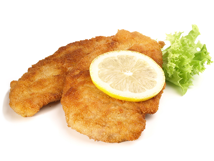 Two Golden Breaded Meat Cutlets with Lemon and Lettuce PNG Food Image