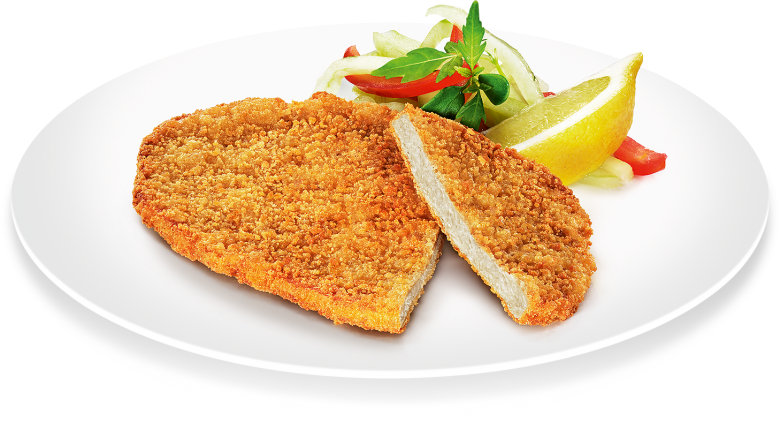 Two Triangular Breaded Meat Schnitzel Pieces with Lemon PNG Food Image