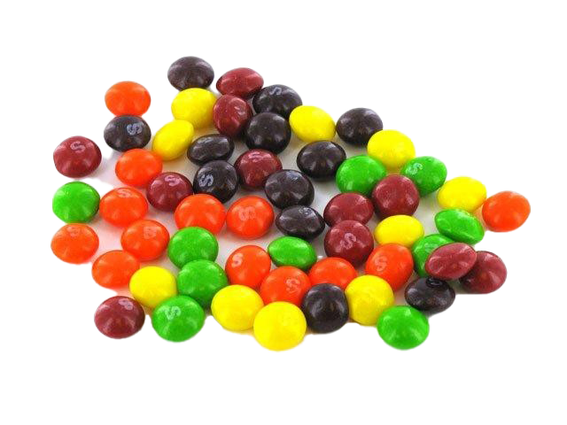 Assorted Red Yellow Green and Purple Skittles Candies Scattered PNG