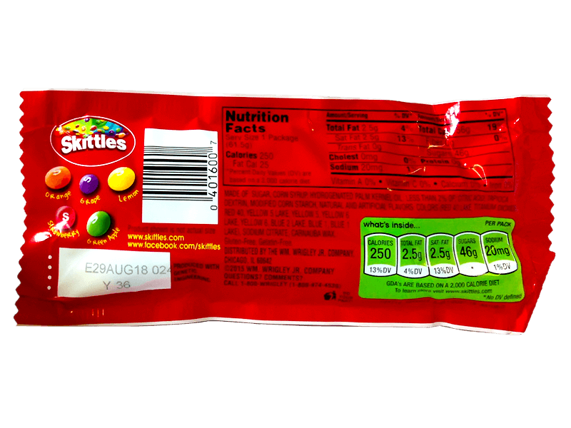 Back of Original Skittles Candy Bag with Ingredients Label PNG Product Image