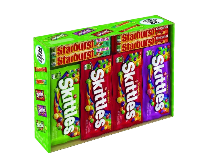 Green Display Box of Assorted Skittles Candy Multipack Packages PNG Image