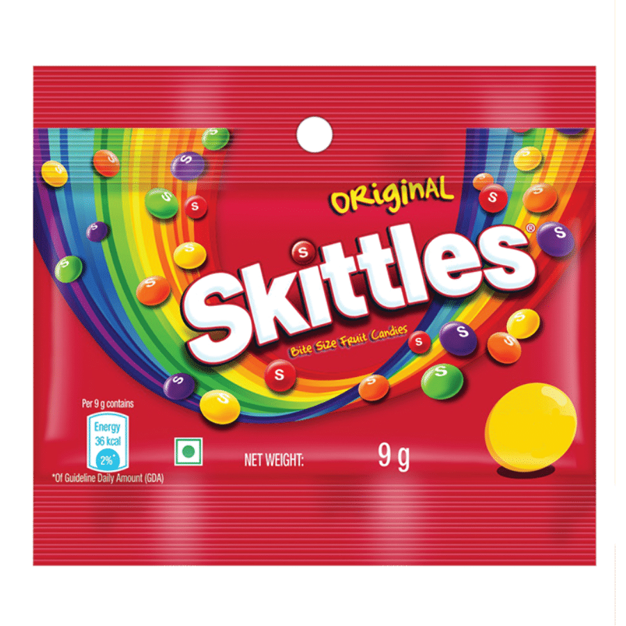 Original Skittles Candy Bag Front View with Rainbow Logo PNG Image