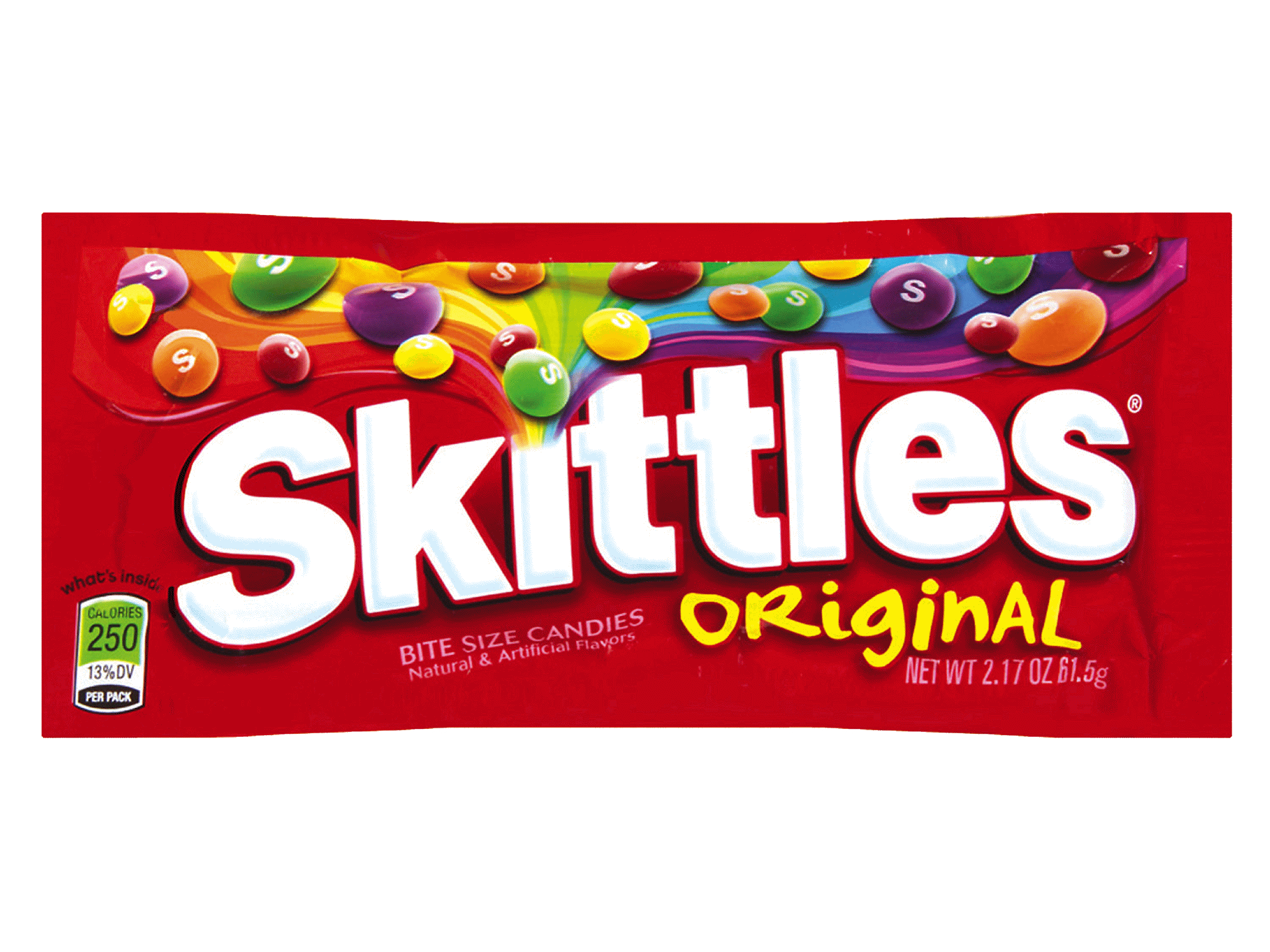 Original Skittles Candy Red Wrapper with Colorful Fruit Pieces PNG Product Image