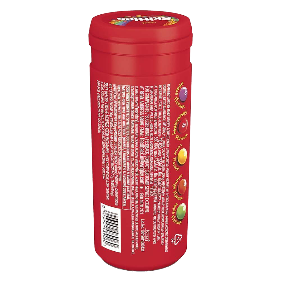 Red Skittles Candy Tube Package with White Lettering PNG Product Image