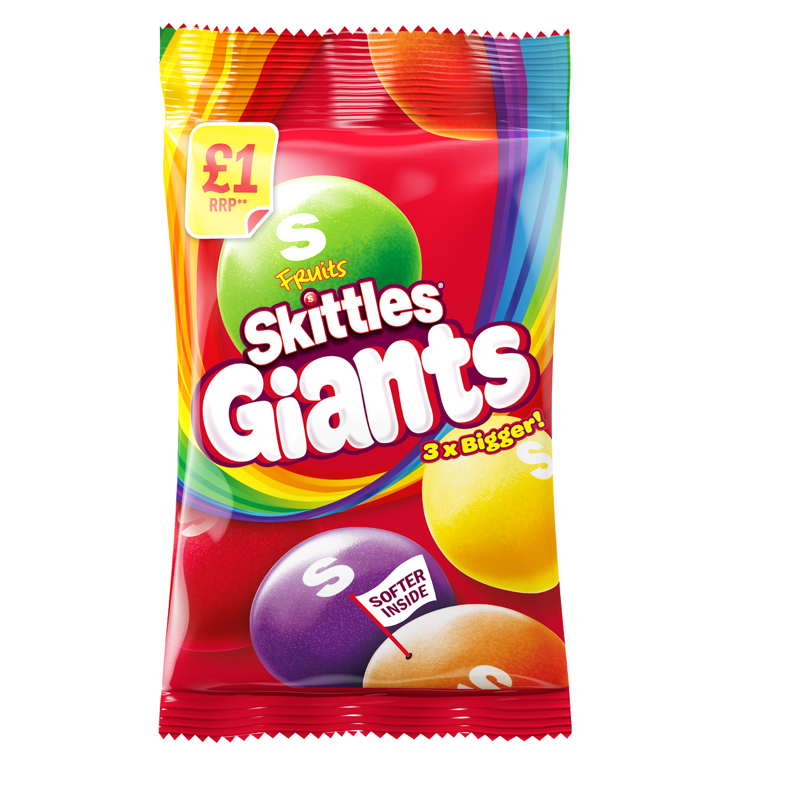 Skittles Giants Fruit Candy Red Packet with Purple Branding PNG Image