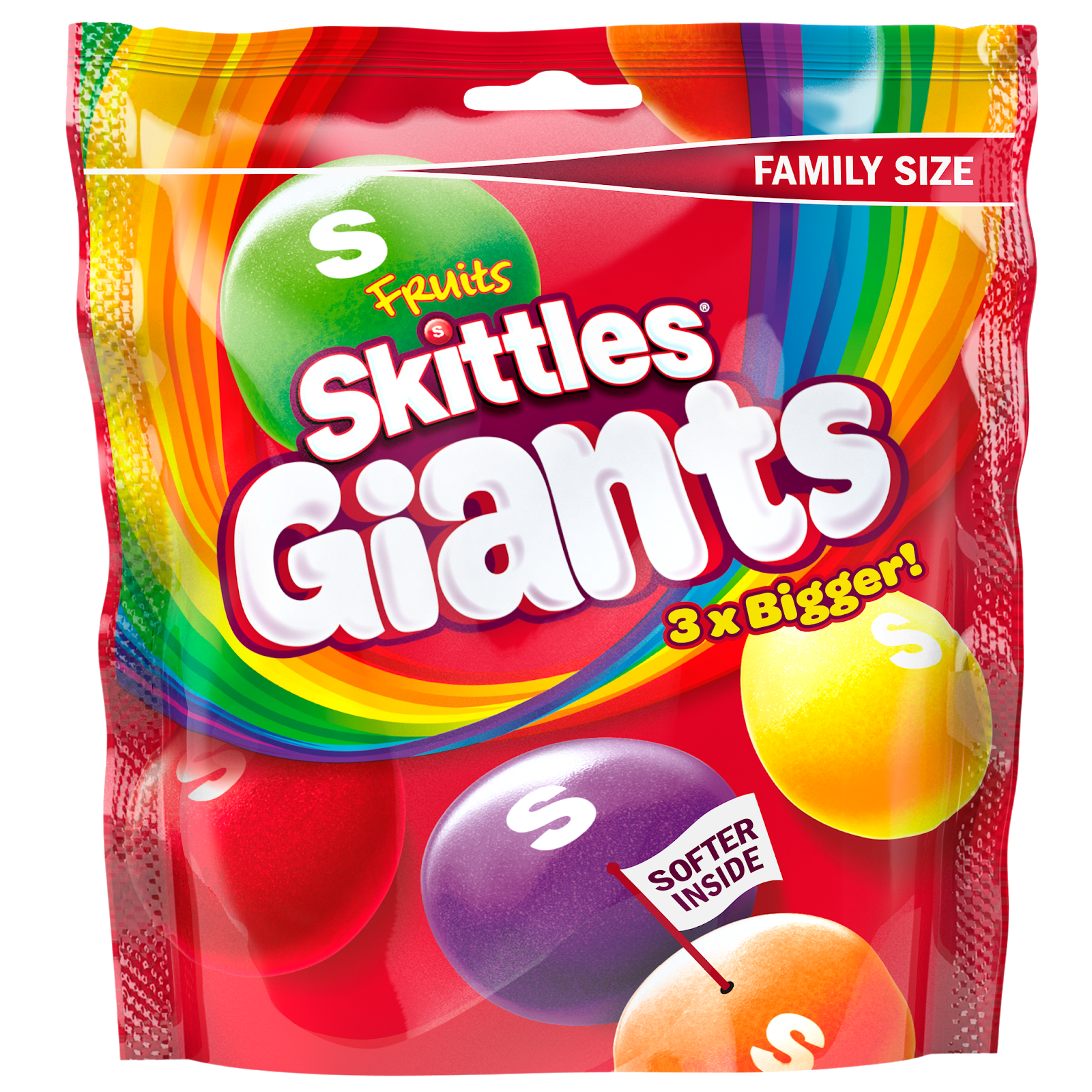 Skittles Giants Sour Candy Variety Bag with Bright Rainbow Design PNG