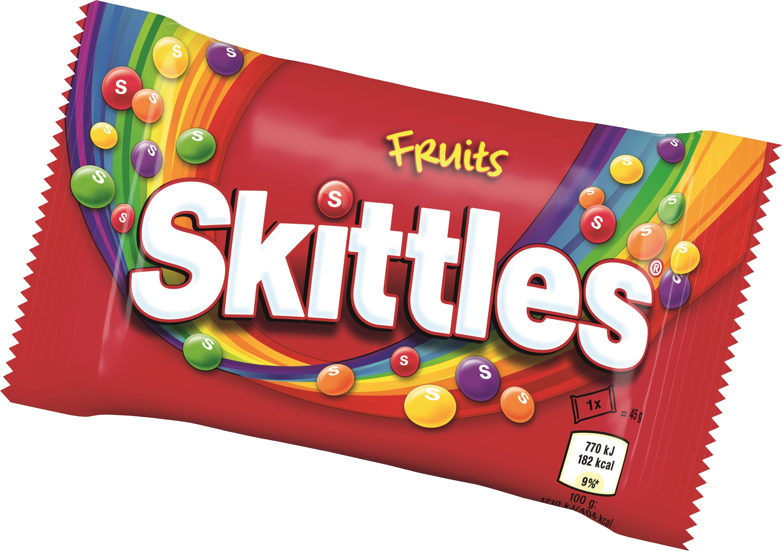 Skittles Tropical Fruit Candy Bag with Rainbow and Island Design PNG