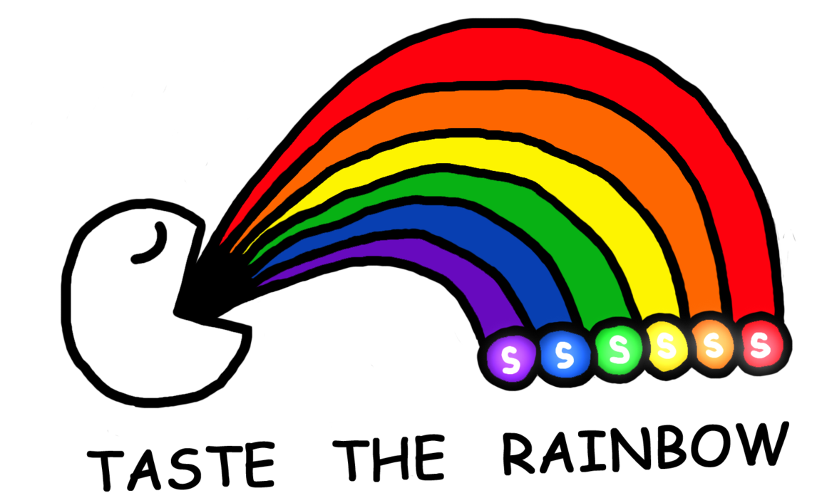 Taste the Rainbow Skittles Slogan with Rainbow Hand Illustration PNG Graphic