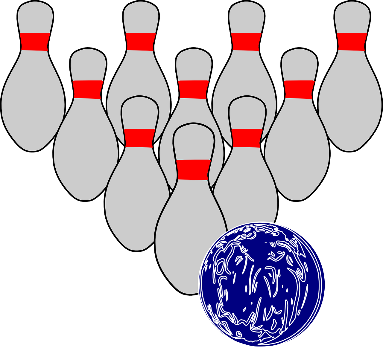 White Bowling Pins with Red Neck Stripes and Blue Ball PNG Sports Graphic