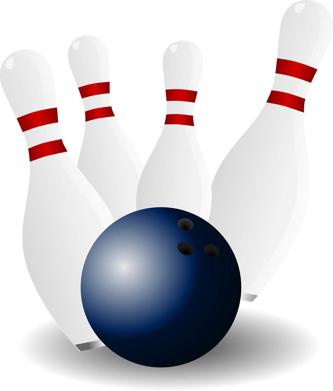 White Bowling Pins with Red Stripes and Blue Bowling Ball PNG Image