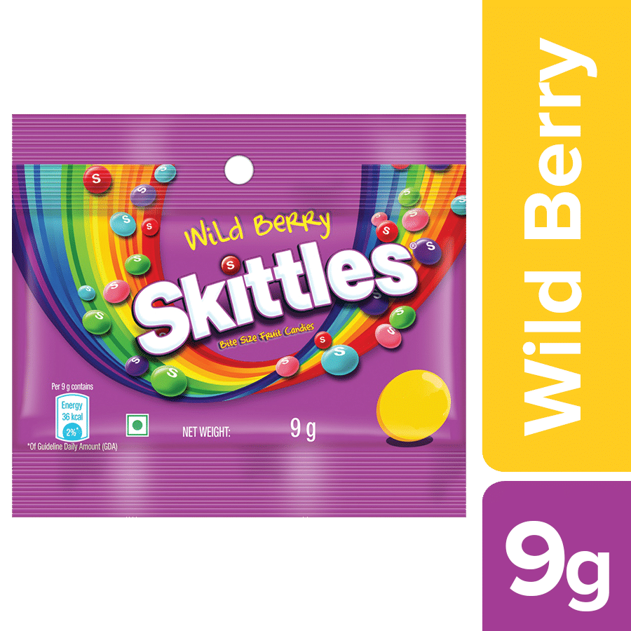 Wild Berry Skittles Candy Packet with Purple Fruit Design PNG