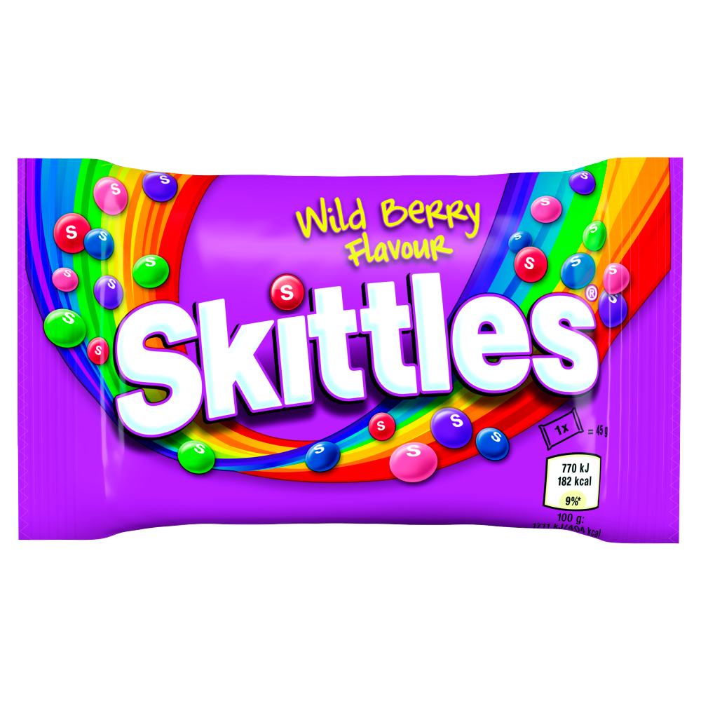 Wild Berry Skittles Candy Bag with Purple and Blue Fruit Design PNG