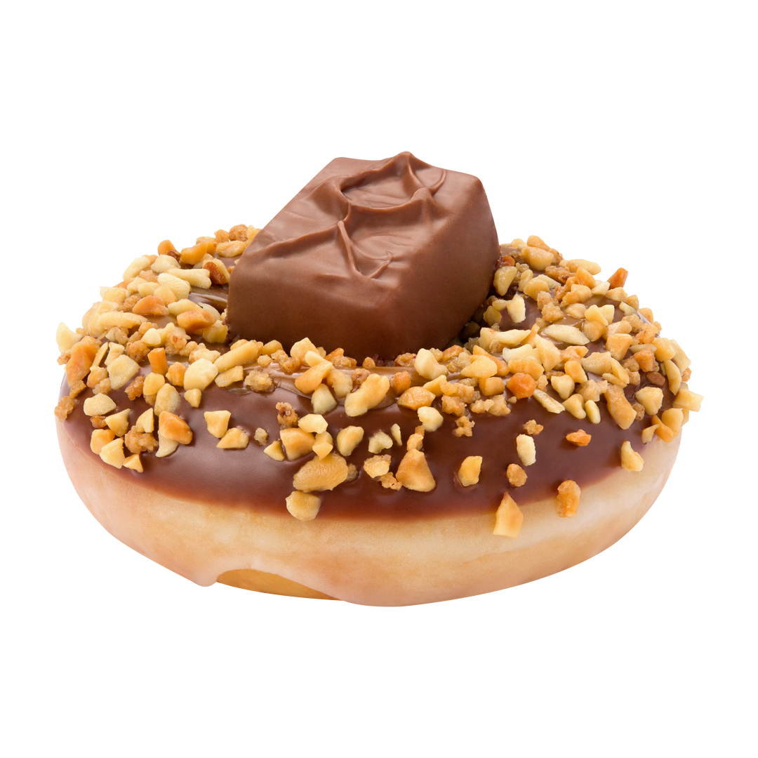 Chocolate Donut Topped with Snickers Candy and Chopped Peanuts PNG Image