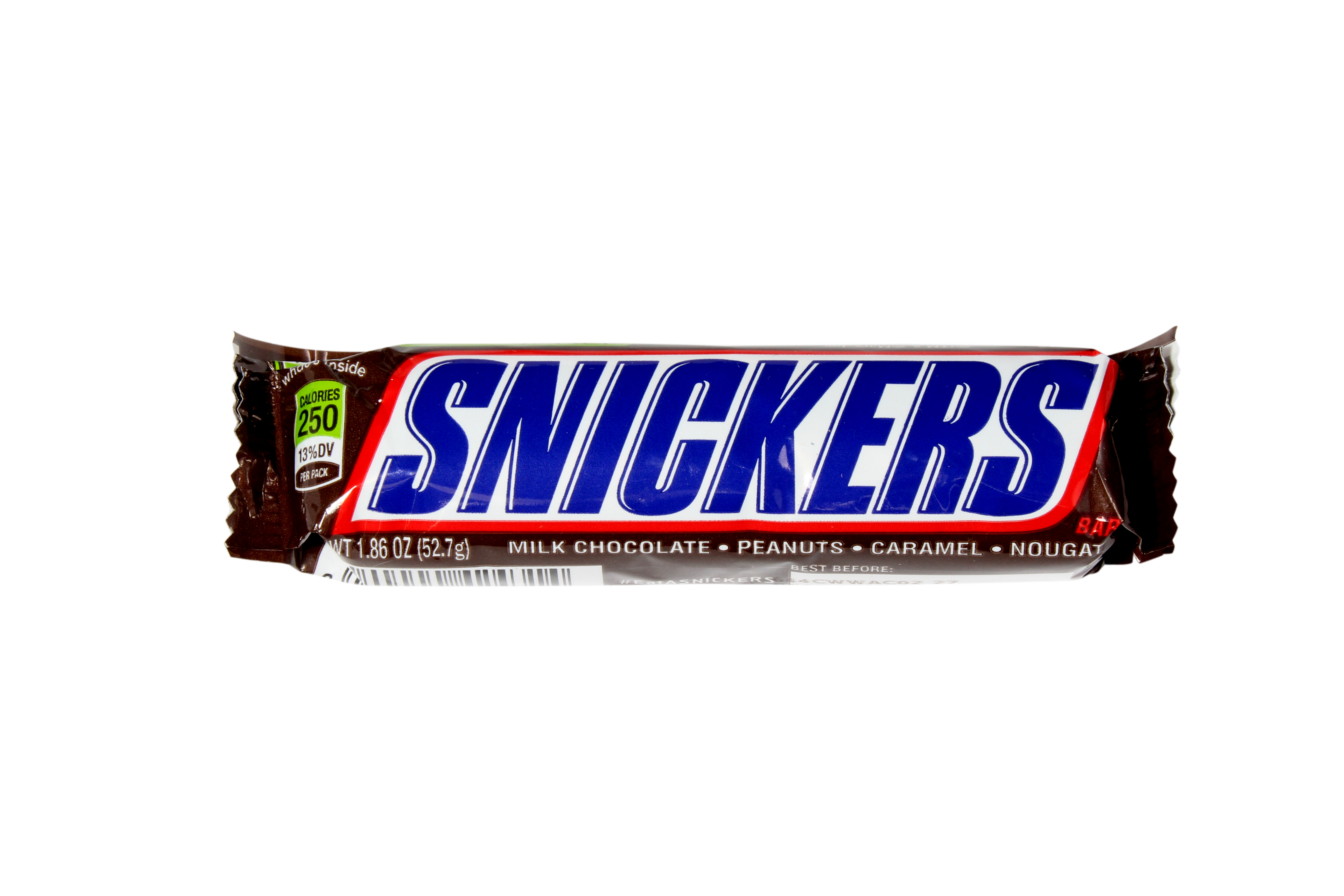 Classic Snickers Chocolate Candy Bar in Red Blue Wrapper PNG Product Image