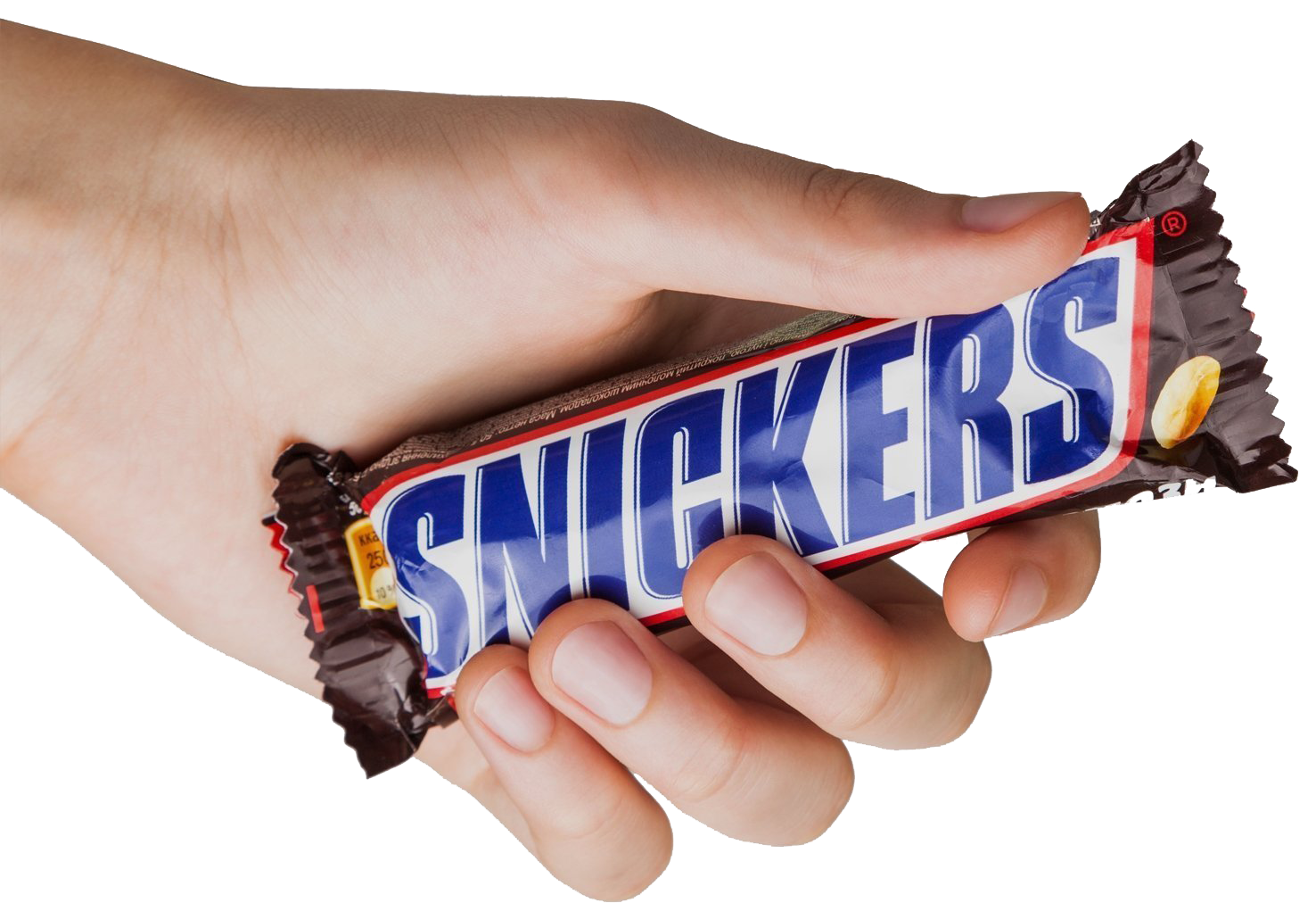 Hand Holding a Wrapped Snickers Chocolate Candy Bar PNG Photo Cutout