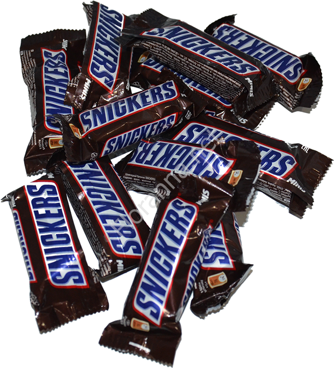 Pile of Individually Wrapped Mini Snickers Chocolate Candy Bars PNG Image