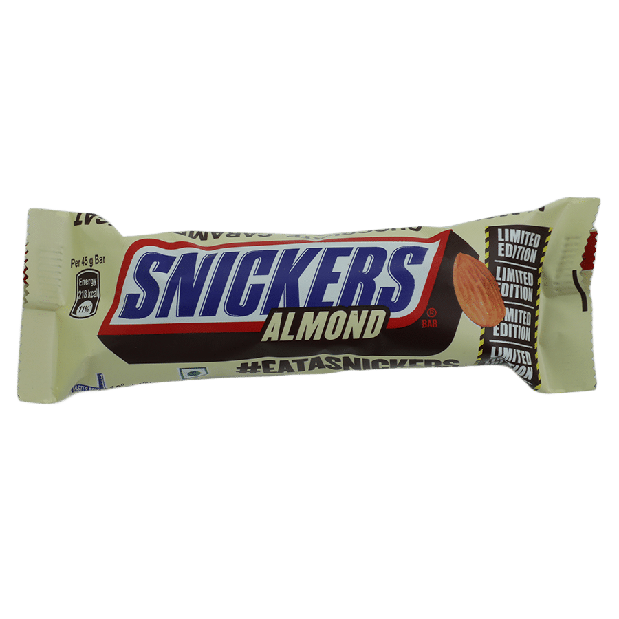 Snickers Almond Chocolate Candy Bar Green Wrapper PNG Product Image