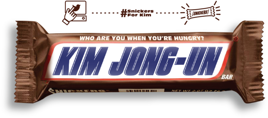 Snickers Chocolate Bar Parody Wrapper with Kim Jong Un Portrait PNG Graphic