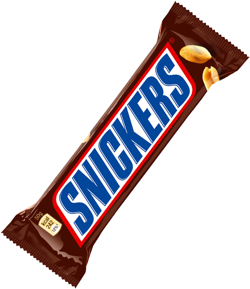 Snickers Chocolate Candy Bar in Angled Wrapper Transparent PNG Image
