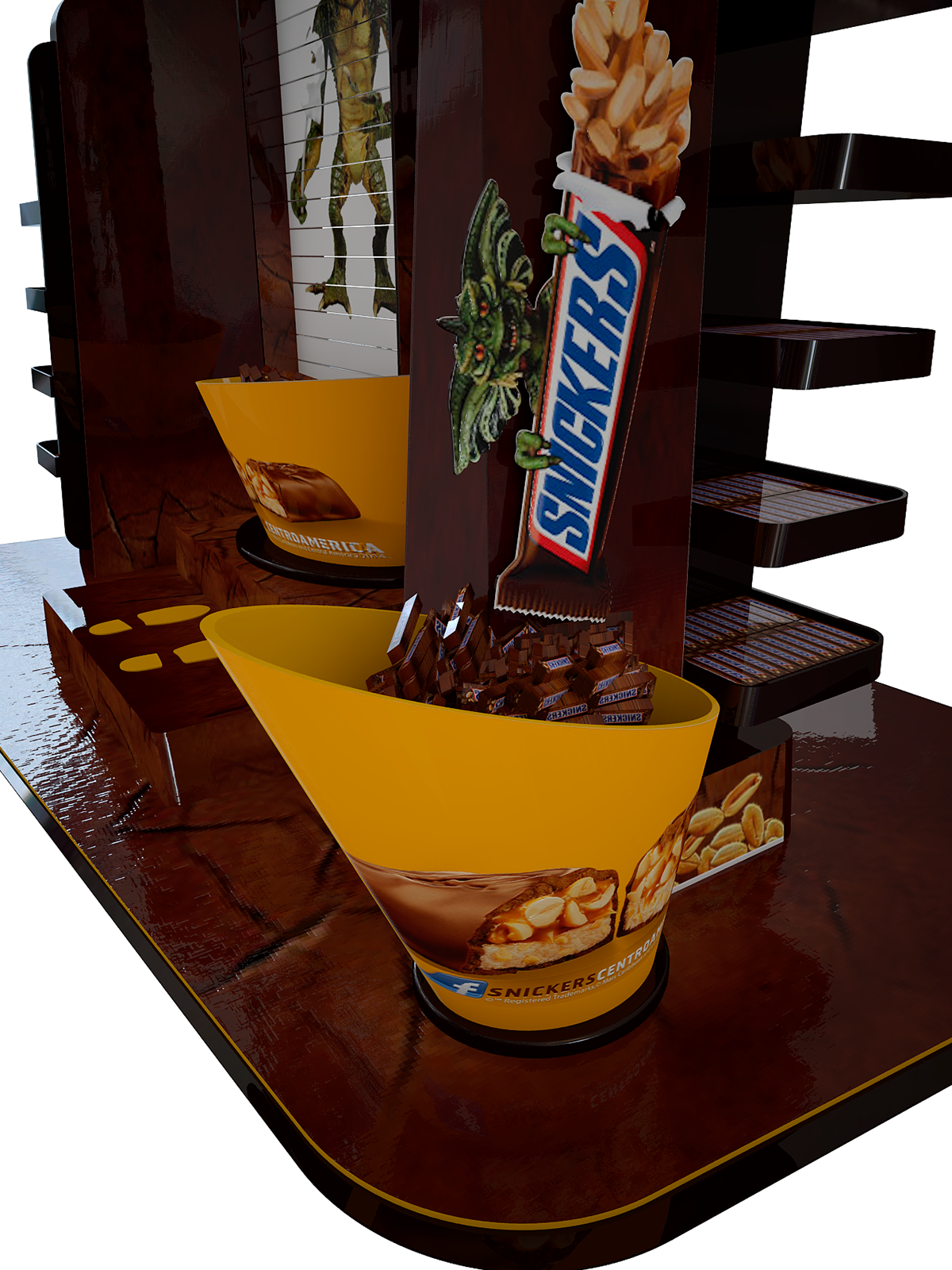 Snickers Chocolate Candy Promotional Display with Product Packaging PNG Image