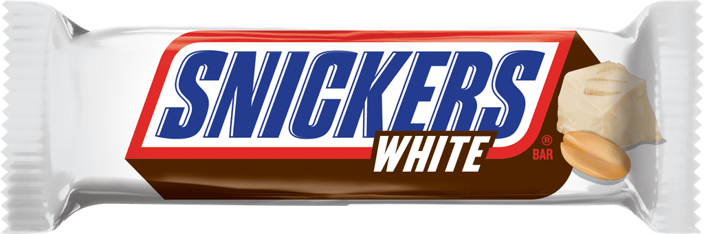 Snickers White Chocolate Candy Bar in White Wrapper Isolated PNG Image