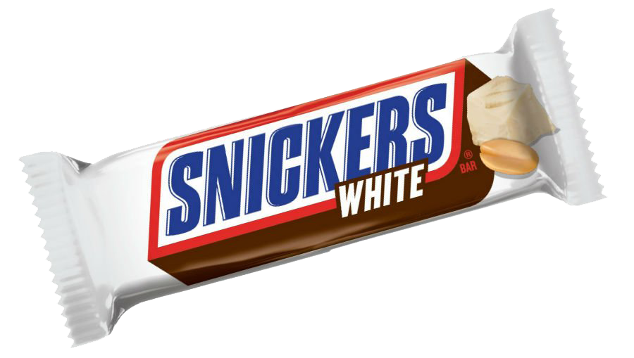 Snickers White Chocolate Candy Bar in White Wrapper PNG Product Image