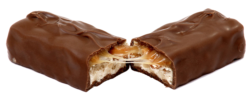 Unwrapped Snickers Chocolate Bar Showing Peanut Caramel and Nougat PNG Image