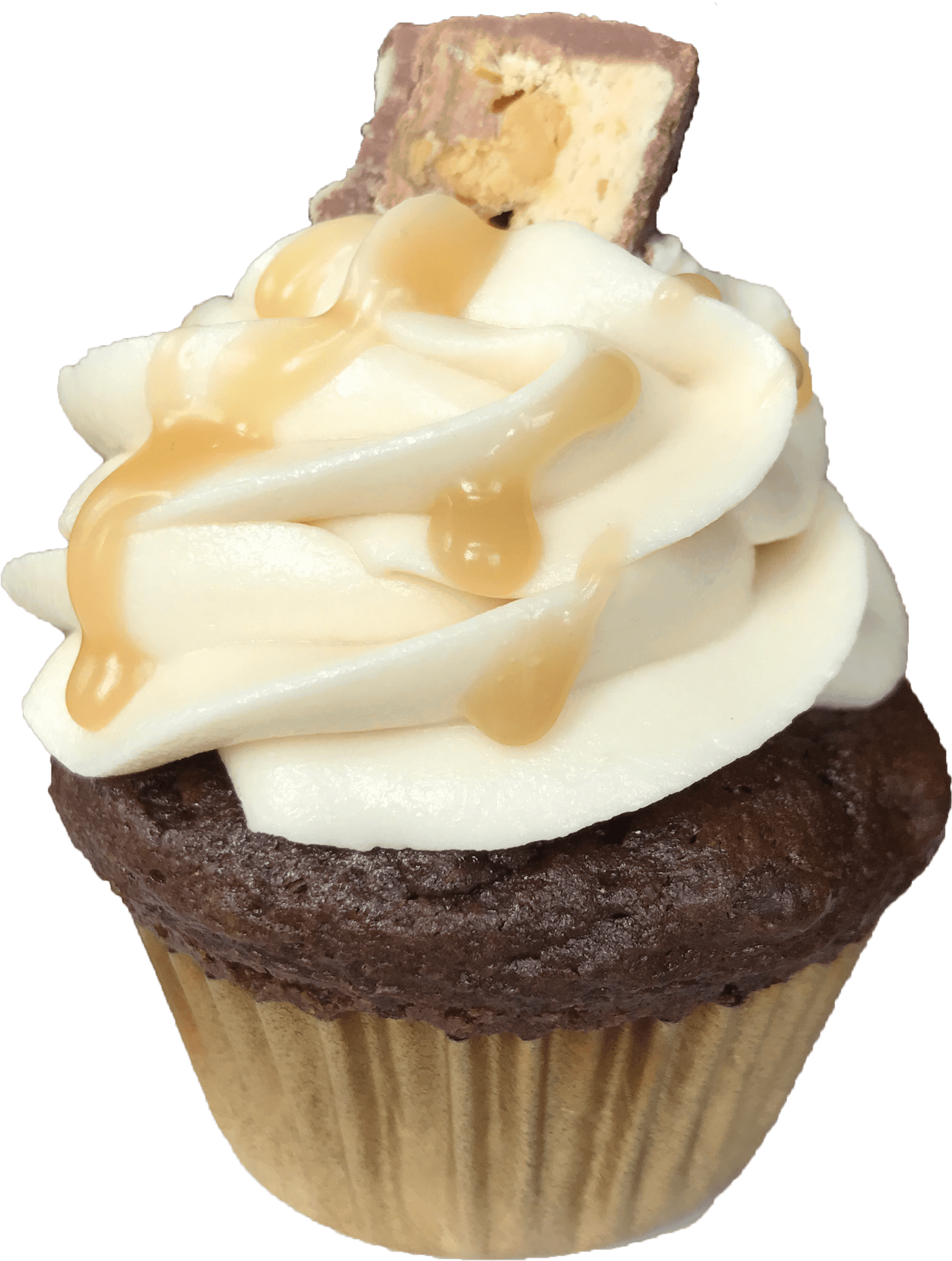 Vanilla Frosted Cupcake with Snickers Candy Bar Topping PNG Dessert Image