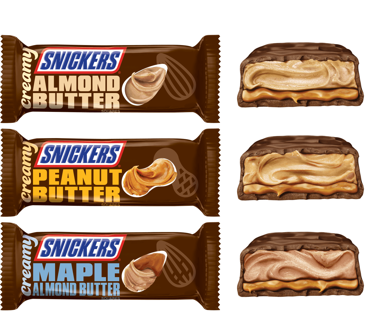 Snickers Peanut Butter Almond Butter and Maple Bars with Cutaway Centers PNG Image