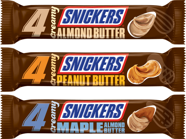 Snickers Peanut Butter Almond Butter and Maple Butter Four Bar Packs PNG Image