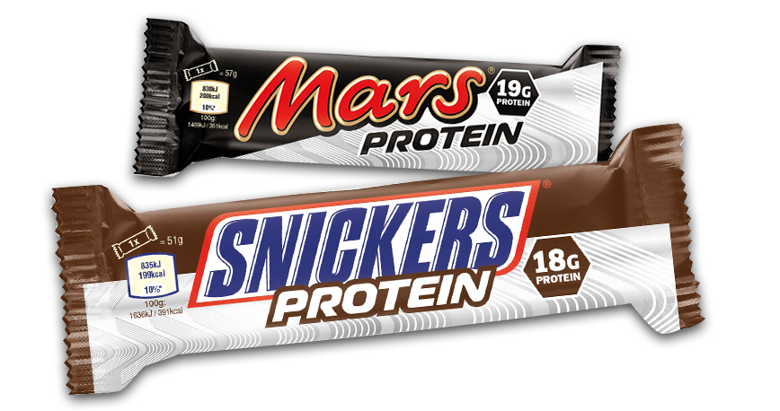 Snickers Protein Chocolate Bar and Mars Bar Product Packaging PNG Image