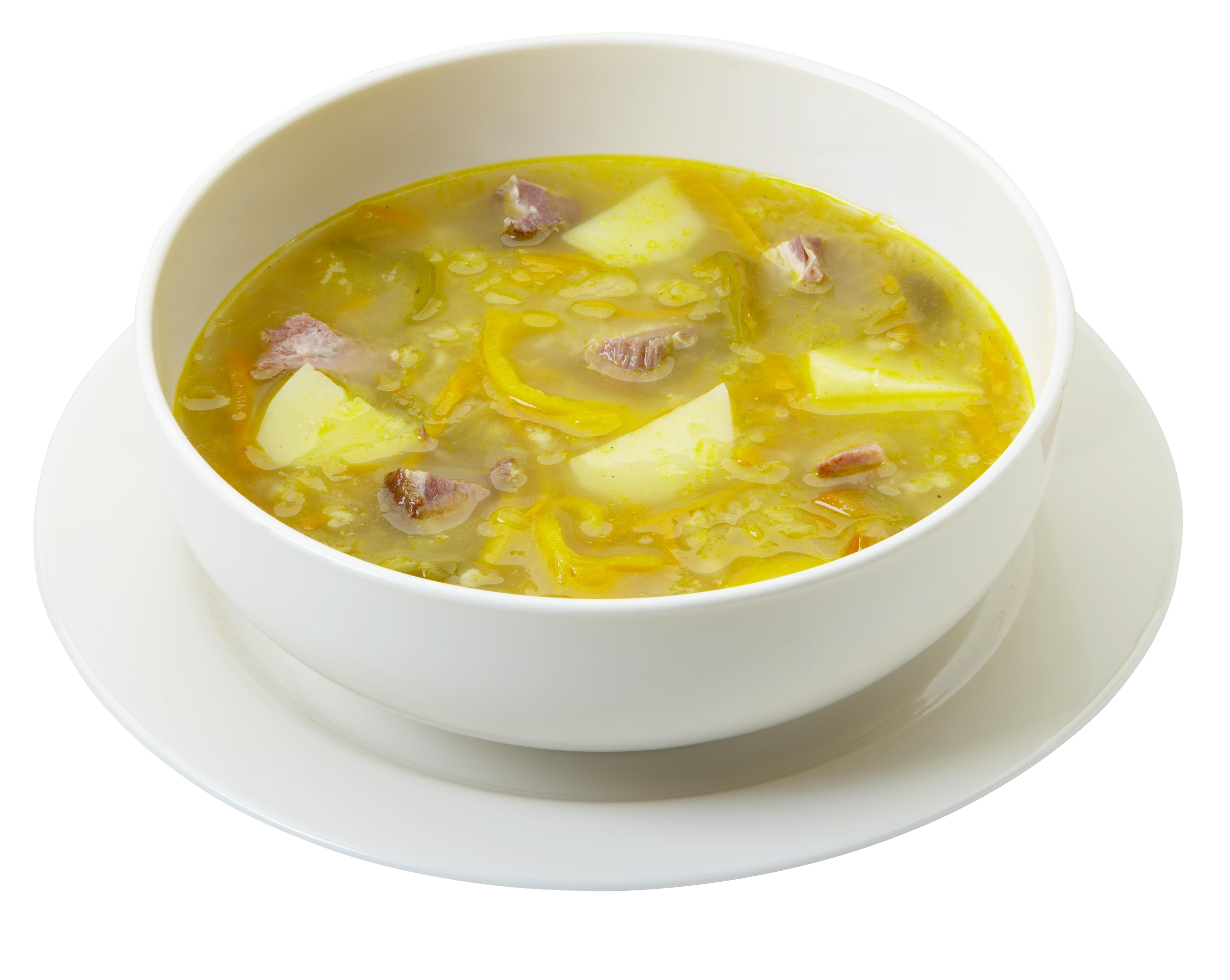 Chicken Noodle Soup with Vegetables in White Bowl Overhead PNG Food Image