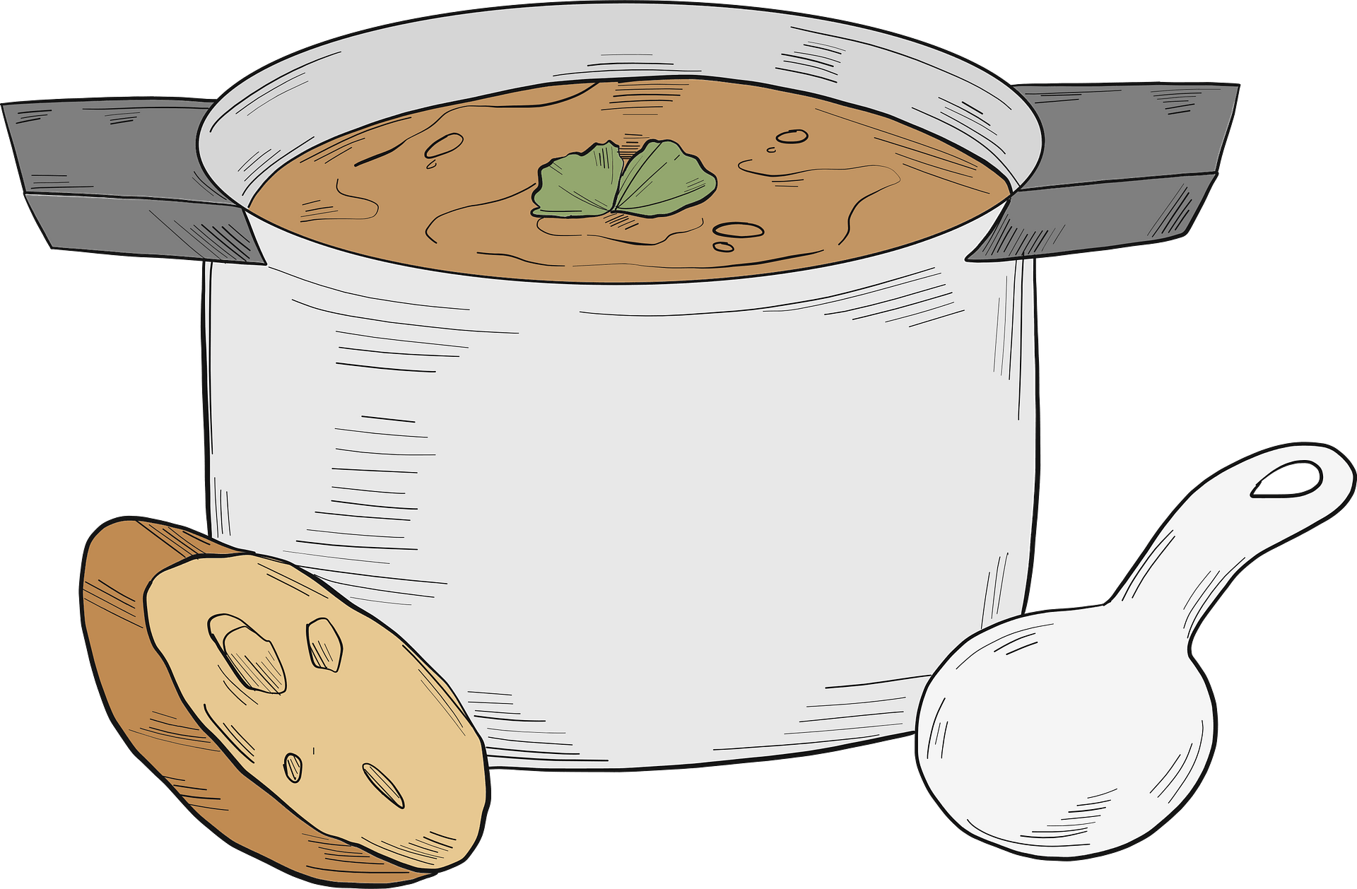 Cooking Pot Soup Illustration with Spoon and Bread Slice PNG Recipe Graphic