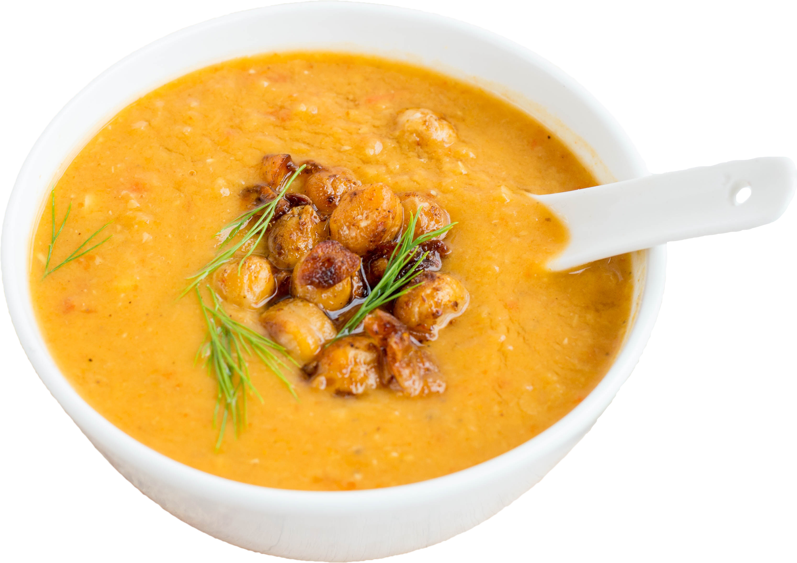 Creamy Orange Soup with Croutons and Spoon in White Bowl PNG Food Image