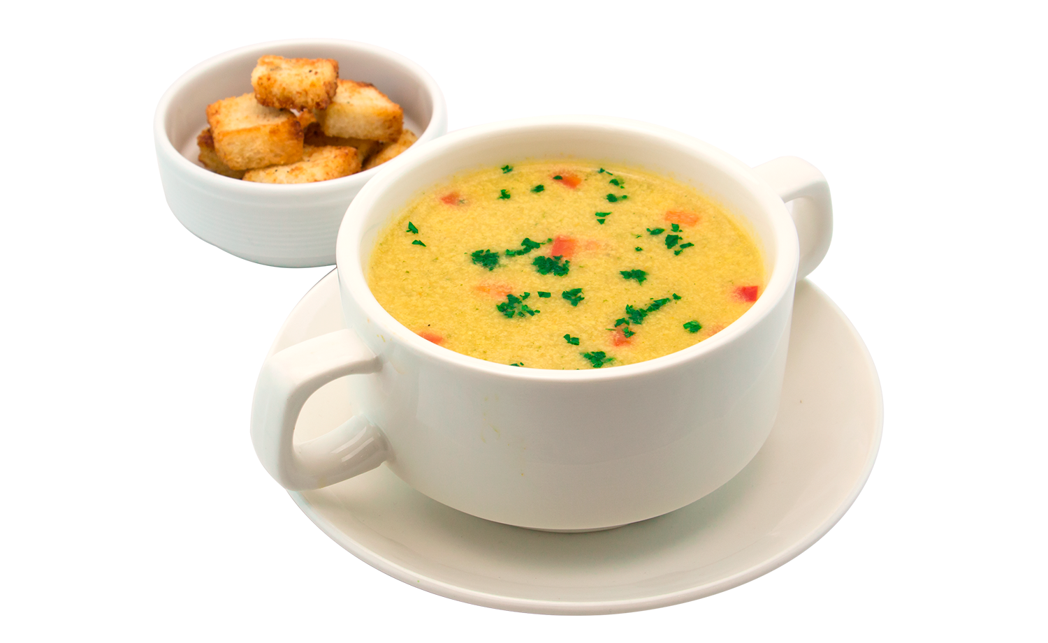 Creamy Soup Mug with Herb Garnish and Croutons PNG Food Graphic