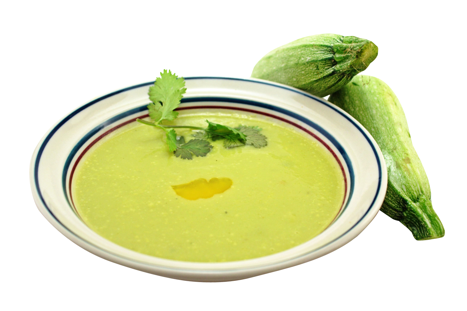 Green Pea Soup with Fresh Basil Leaf on White Plate PNG Food Cutout