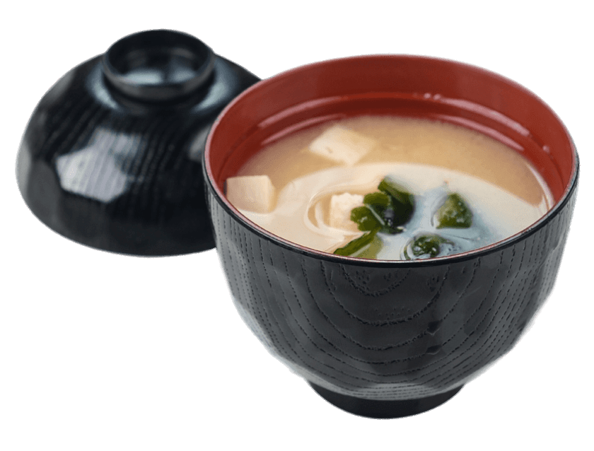 Japanese Miso Soup with Tofu in Black and Red Bowls PNG Food Image