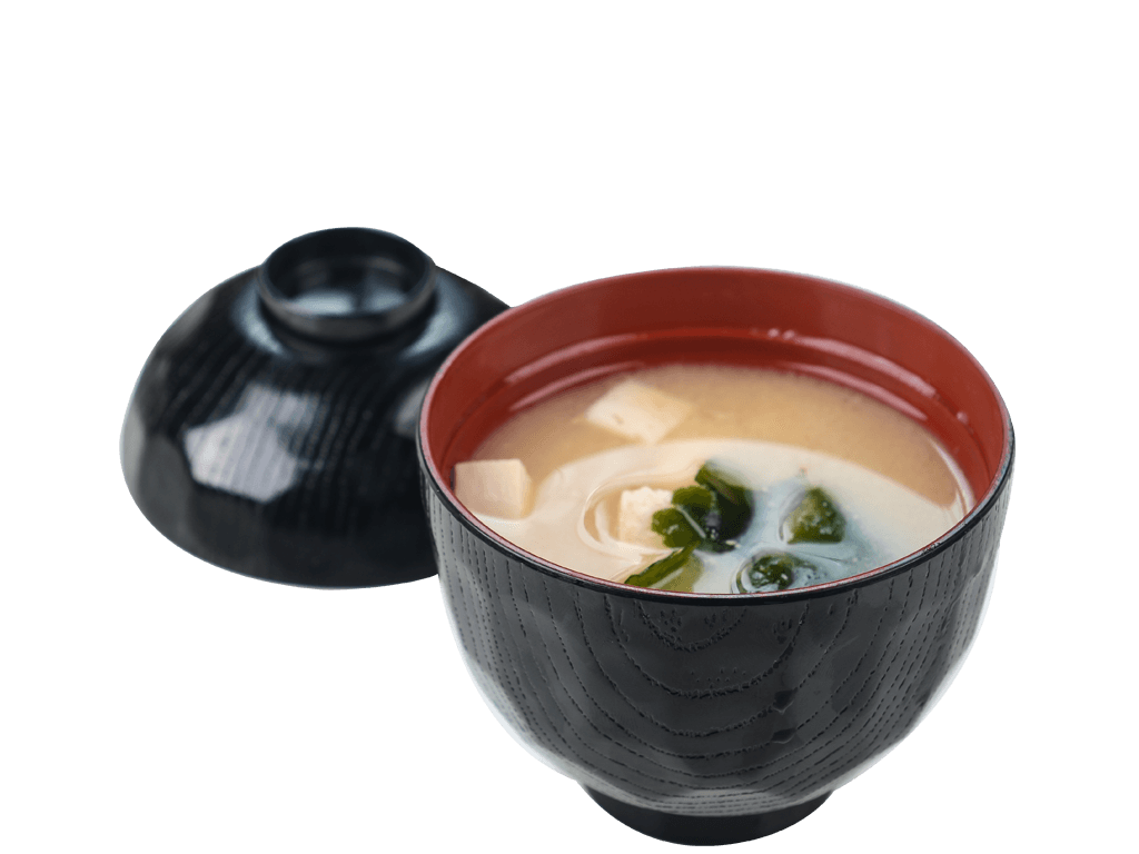 Japanese Tofu Miso Soup in Black and Red Lacquer Bowls Transparent PNG